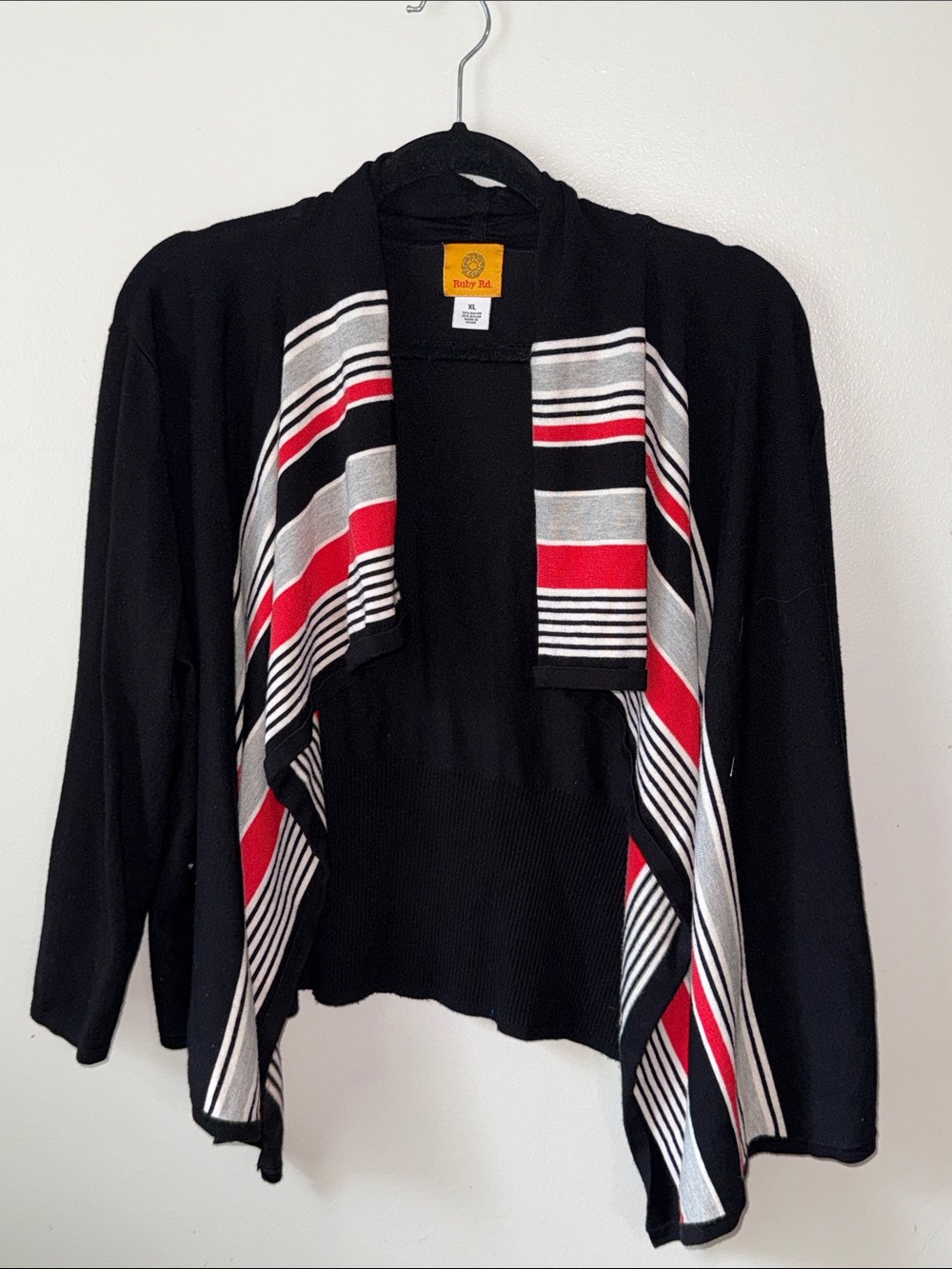 Ruby Rd. Black Open-Front Cardigan with Red and White Stripes